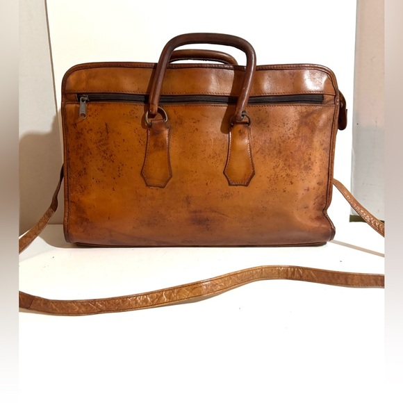 Vintage unisex Brown distressed Leather briefcase work travel Bag - Picture 1 of 12